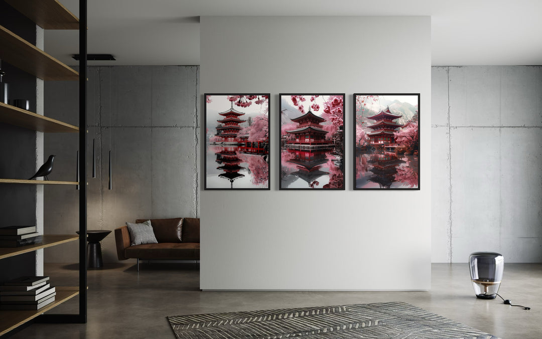 a living room with Set Of Three Japanese Pagoda and Cherry Blossom Wall Art