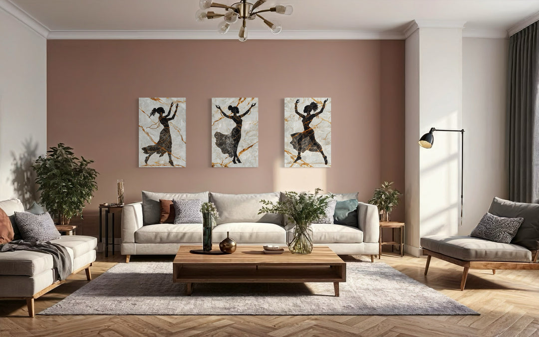 a living room filled with furniture and a painting on the wall