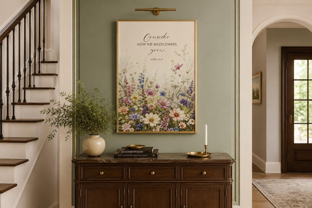 Wildflower watercolor art with Luke 12:27 scripture verse in a gold frame on a sage green wall.