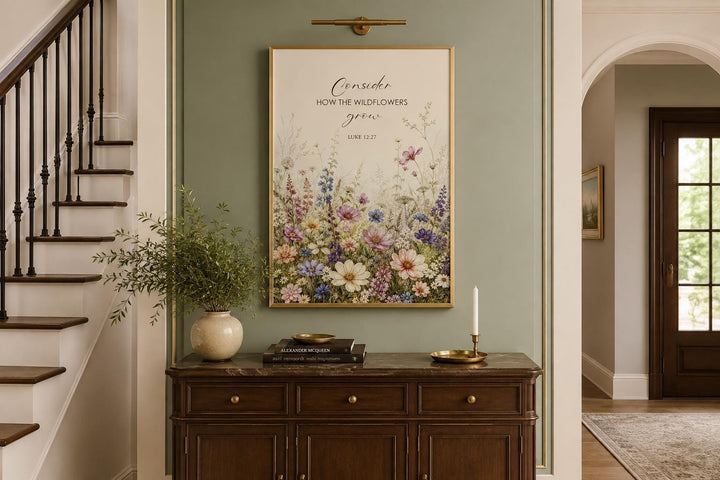 Wildflower watercolor art with Luke 12:27 scripture verse in a gold frame on a sage green wall.