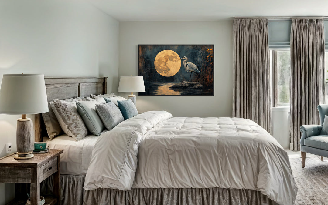 Blue Heron At Night Under Full Moon Framed Canvas Wall Art in bedroom