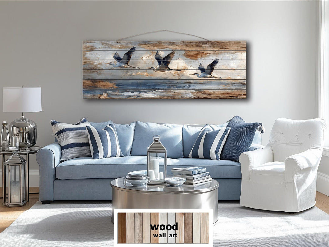 Flying Herons Distressed Wall Art on Wood Planks - Rustic Coastal Bird Decor for Beach Houses