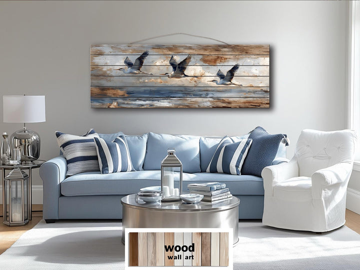 Flying Herons Distressed Wall Art on Wood Planks - Rustic Coastal Bird Decor for Beach Houses