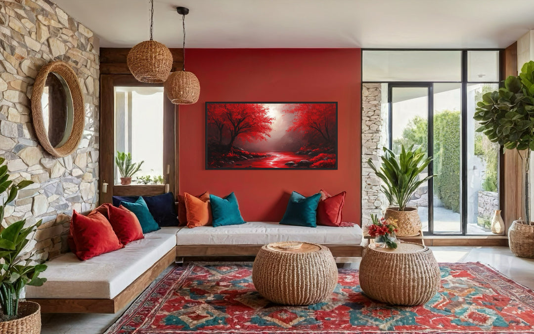 Red Nature Landscape Framed Canvas Wall Art in a living room filled with furniture