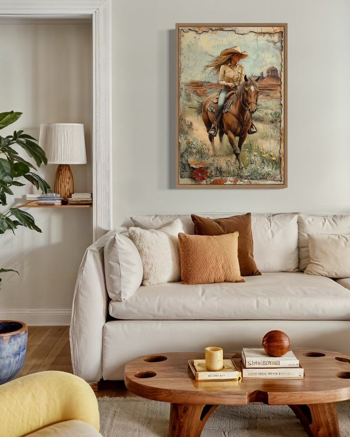 Cowgirl Riding A Horse In The Desert Framed Canvas Wall Art above couch