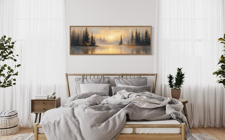 Sunrise Over Misty Lake Panoramic Over Bed Canvas Wall Art above wooden bed