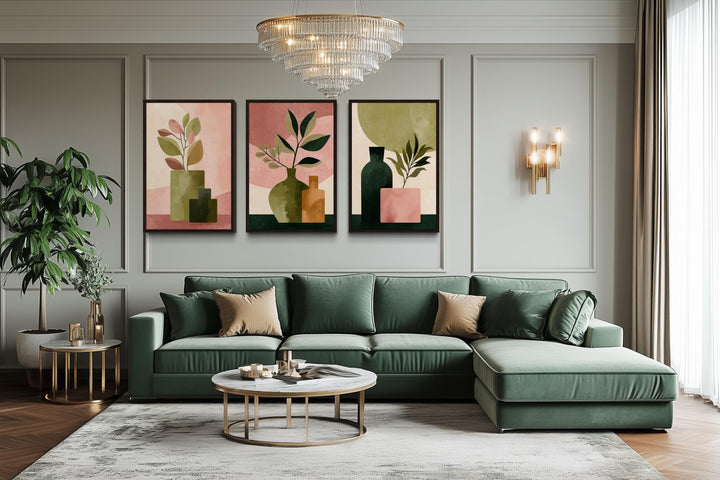 Set of 3 Framed Minimalist Botanical Blush Pink and Olive Green Vases With Leaves Wall Art