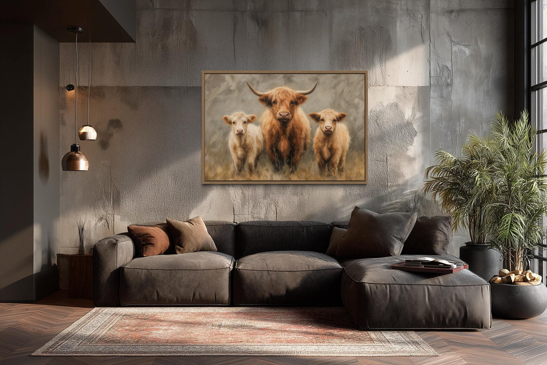 Highland Cow and Two Calves Canvas Wall Art