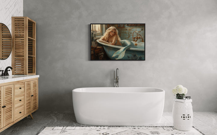 Mermaid in a Bathtub Framed Canvas Wall Art in bathroom