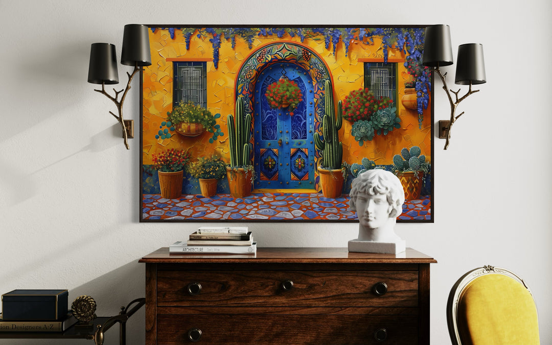 Mexican Door With Cacti Traditional Painting Framed Canvas Wall Art in close up