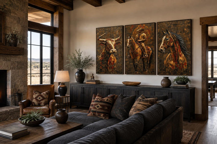 Western Wall Art Set Of 3 – Cowboy, Longhorn Bull, and Horse Canvas Prints for Rustic Ranch or Man Cave Decor