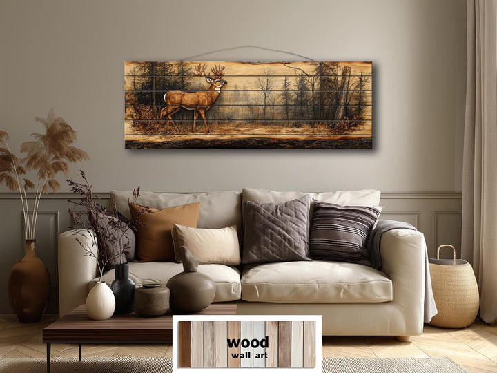 Deer In Forest Long Horizontal Distressed Wood Wall Art