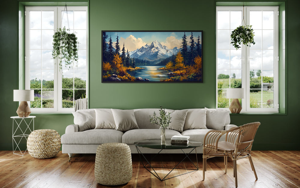 Mountain Lake Scenic Autumn Landscape Framed Canvas Wall Art in green living room