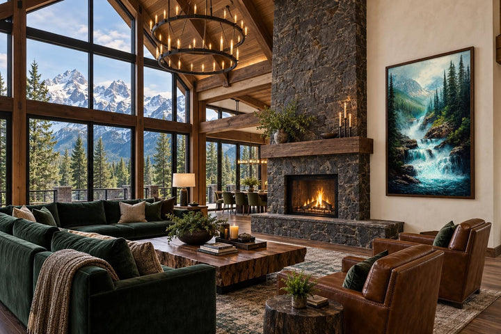 Vertical canvas wall art of a mountain waterfall in a forest, displayed in a rustic living room.