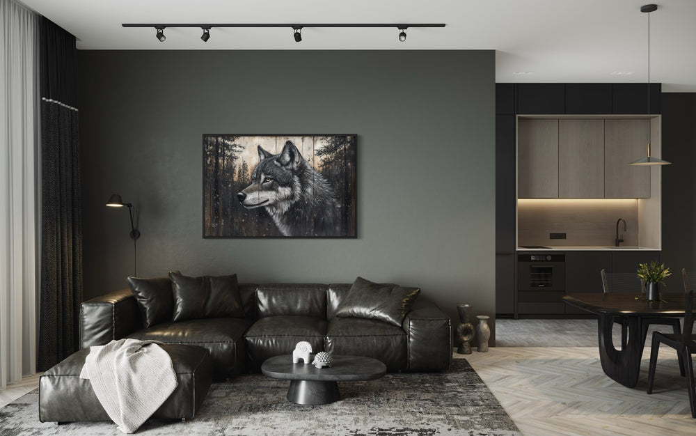 Rustic Wolf Painting On Wood Framed Canvas Wall Art in living room