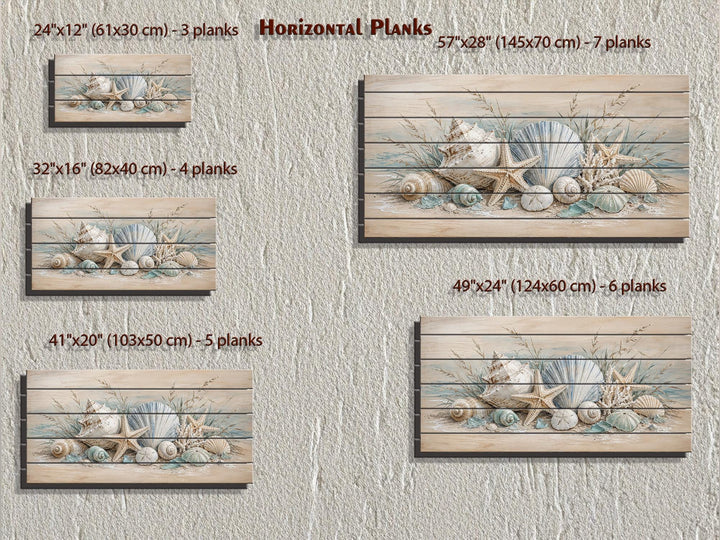 Seashells and starfish coastal wall art on horizontal wood planks in five different size options.