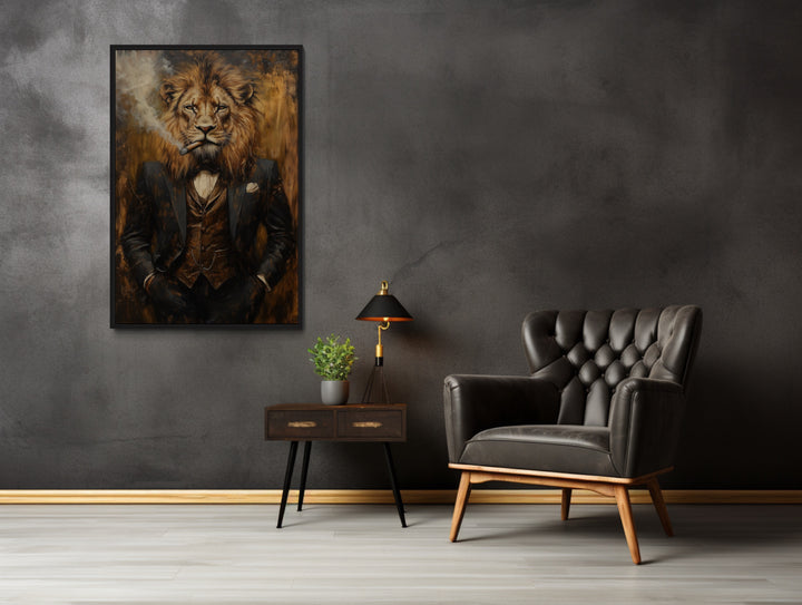 Regal Lion In Suit Smoking Cigar Canvas Wall Art For Men in dark office