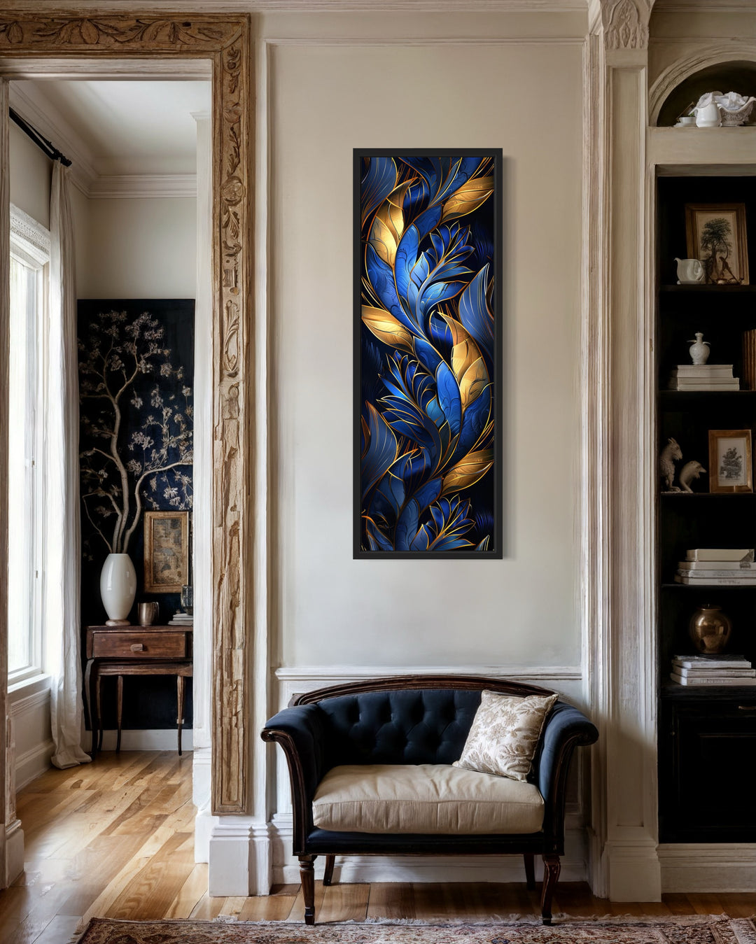 Tall Narrow Navy Blue Gold Art Deco Framed Canvas Wall Art in living room on narrow wall