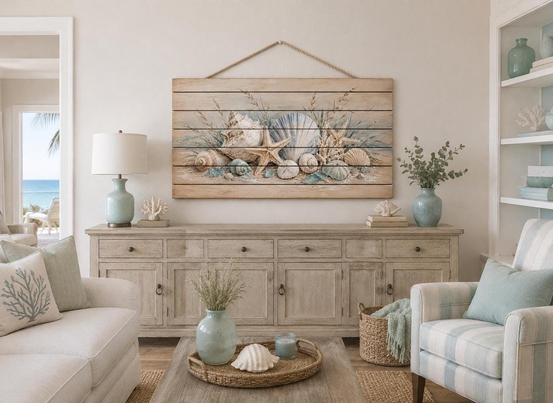 Seashells and starfish watercolor print on distressed wood planks with a rope hanger.