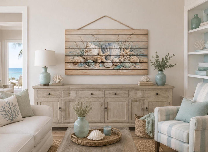 Seashells and starfish watercolor print on distressed wood planks with a rope hanger.