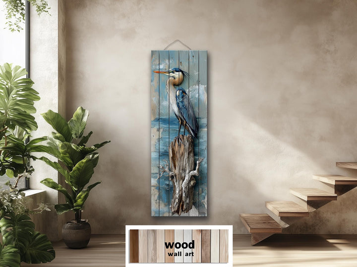 Vertical Blue Heron Wall Art - Distressed Wood Coastal Decor for Lake House