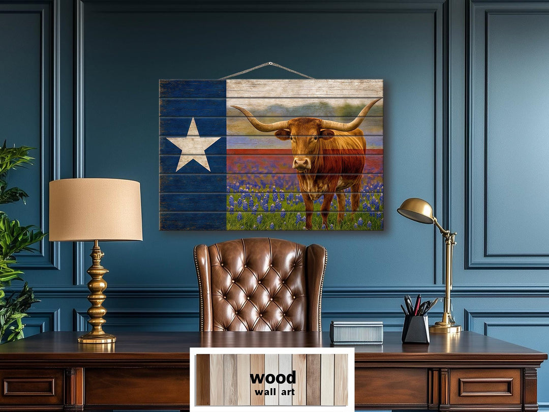 Texas Flag, Bluebonnets and Longhorn Mashup Distressed Wood Wall Art