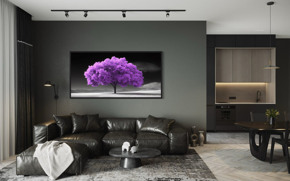 Purple Tree on Black White Background Framed Canvas Wall Art in living room