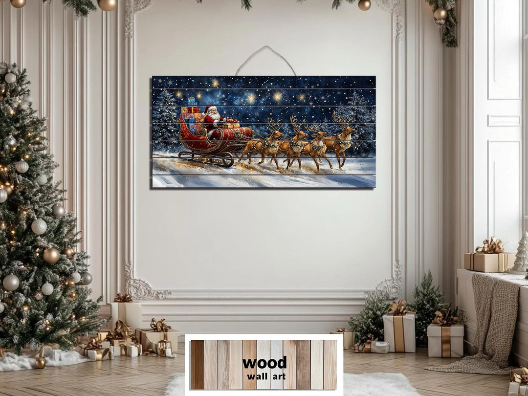 Christmas Wall Art - Rustic Santa Claus In Sleigh and Reindeer Distressed Wood Wall Art