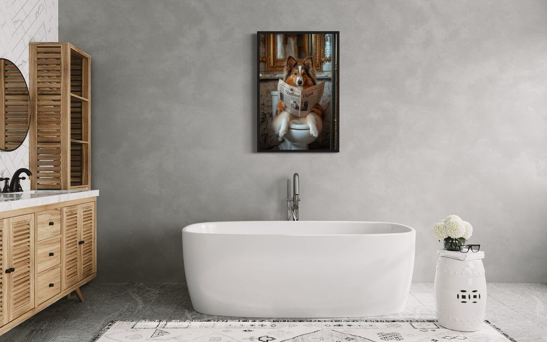 Shetland Sheepdog On The Toilet Reading Newspaper Picture in a bathroom with a tub