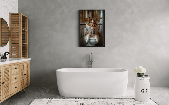 Shetland Sheepdog On The Toilet Reading Newspaper Picture in a bathroom with a tub