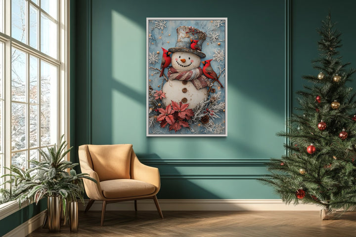 Snowman With Red Cardinals Framed Canvas Wall Art in christmas room