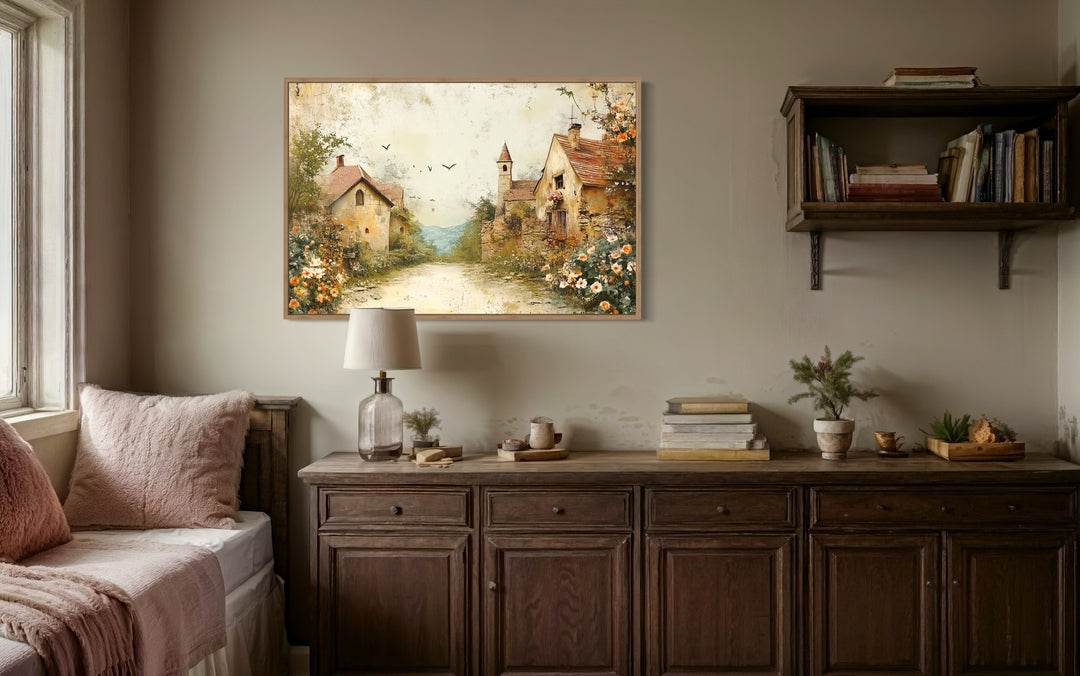 Rustic Charming Countryside Cottage And Floral Garden Canvas Wall Art in a living room with a couch