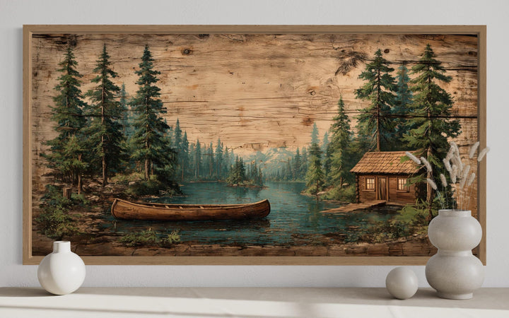 Canoe In The Lake And Pine Forest Scene Canvas Wall Art For Rustic Cabin Decor