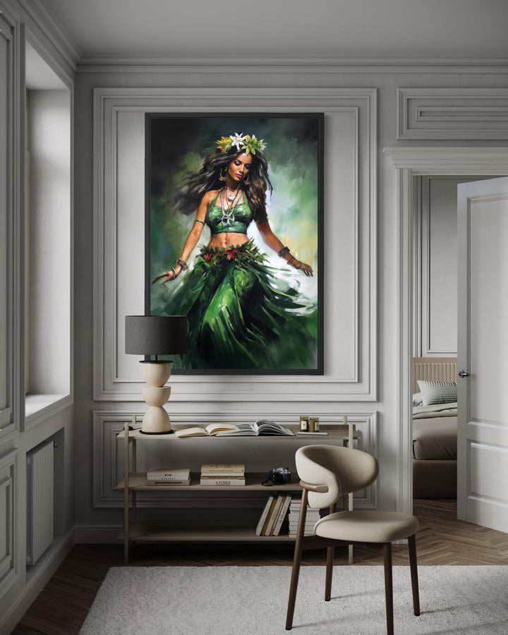 A framed canvas print of a Hawaiian hula dancer in a green dress hangs in a modern, neutral room.