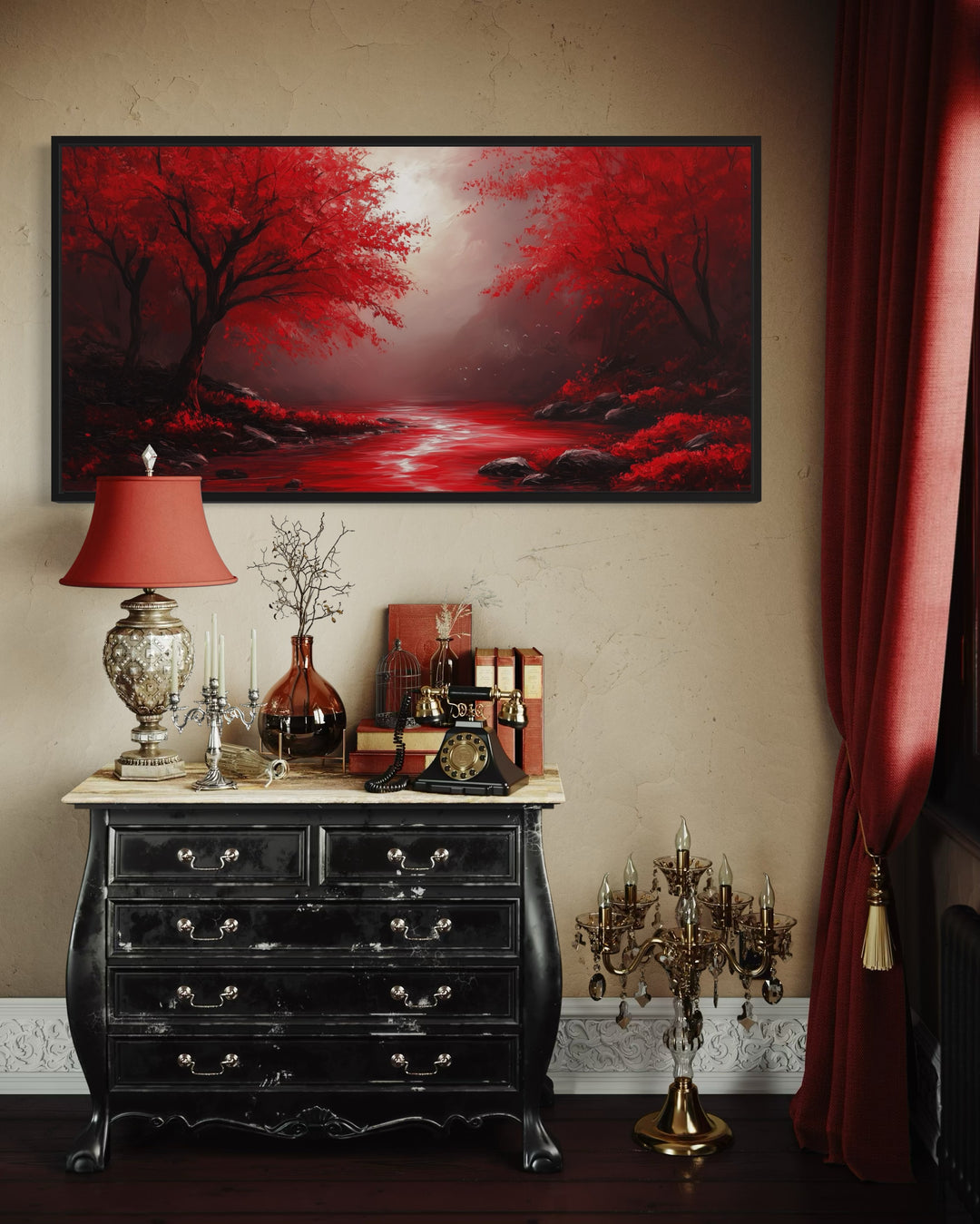 Red Nature Landscape Framed Canvas Wall Art above a black dresser with a red lamp on top of it