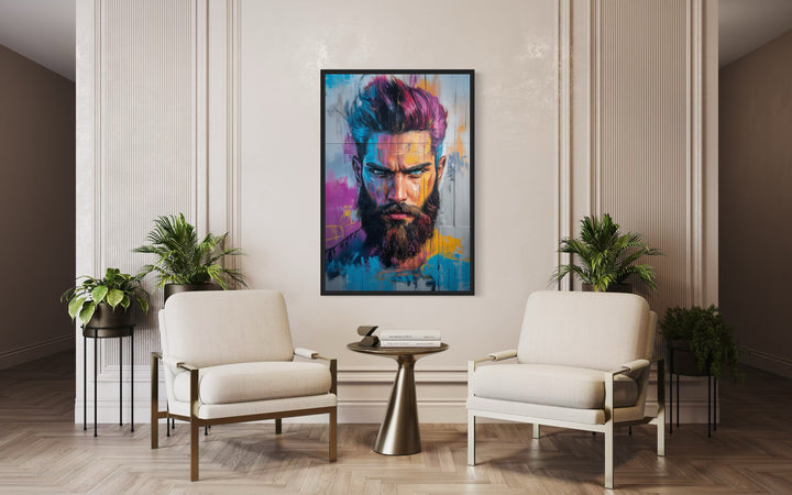 Man With Colorful Hair And Beard Framed Canvas Wall Art in barbershop