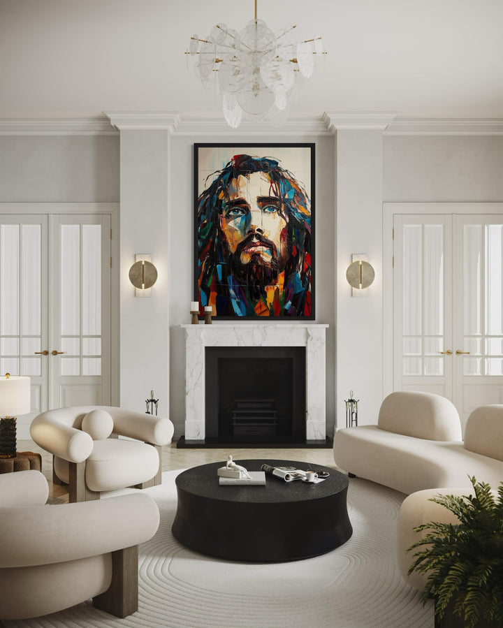Modern Jesus Canvas Art – Abstract Colorful Christian Wall Decor with Floating Frame
