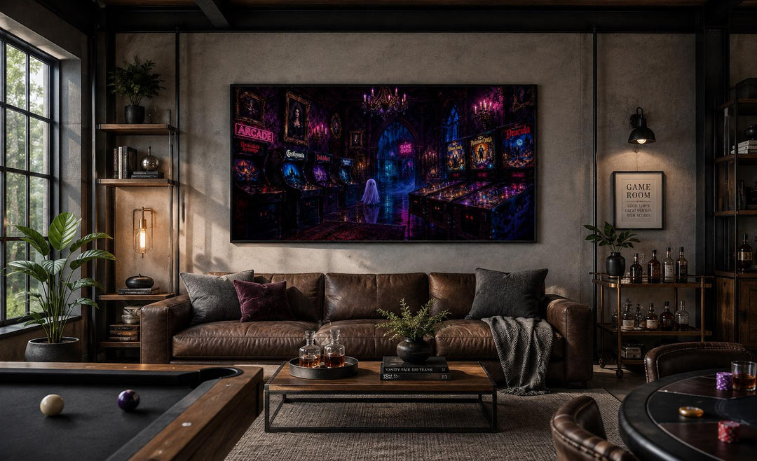 Spooky Halloween arcade wall art with a ghost and neon purple pinball machines in a game room.