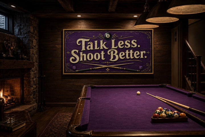 Talk Less Shoot Better Vintage Pool Hall Sign with Crossed Cues and 8-Ball, Purple Gold Billiards Wall Art