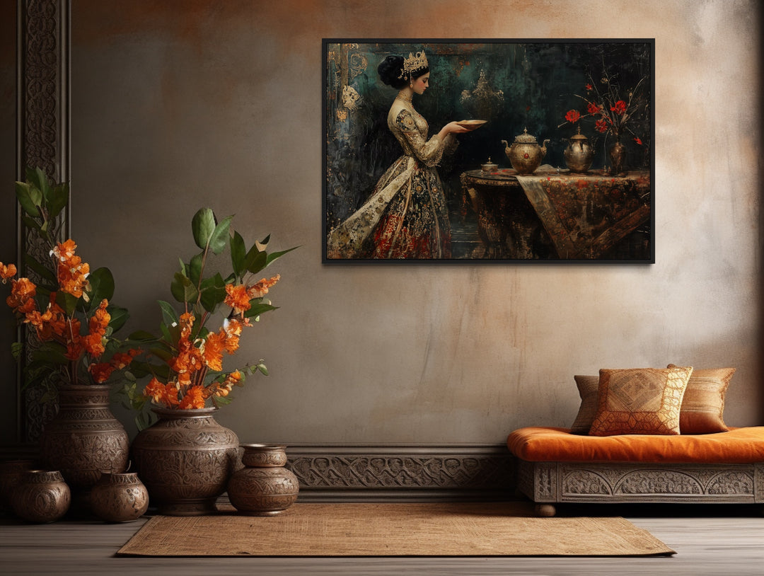 Persian Princess Serving Tea Framed Middle Eastern Canvas Wall Art in living room