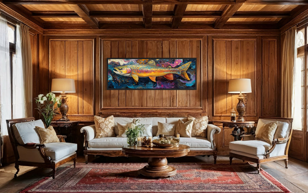 Colorful Rainbow Trout Fish Framed Canvas Wall Art in wooden cabin living room