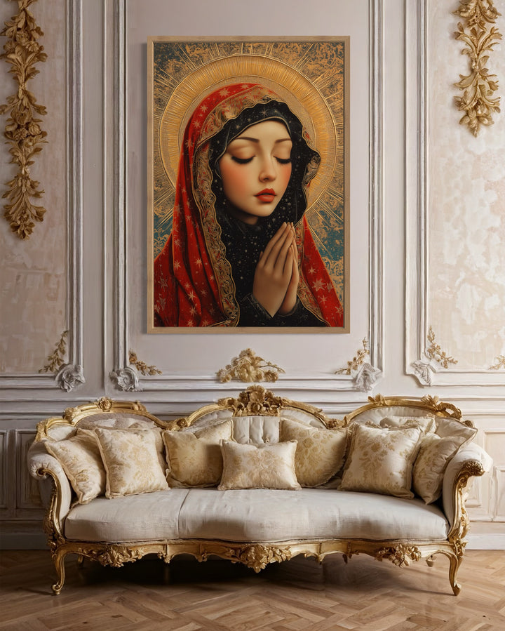 Blessed Virgin Mary Modern Icon Framed Christian Canvas Wall Art above luxury couch