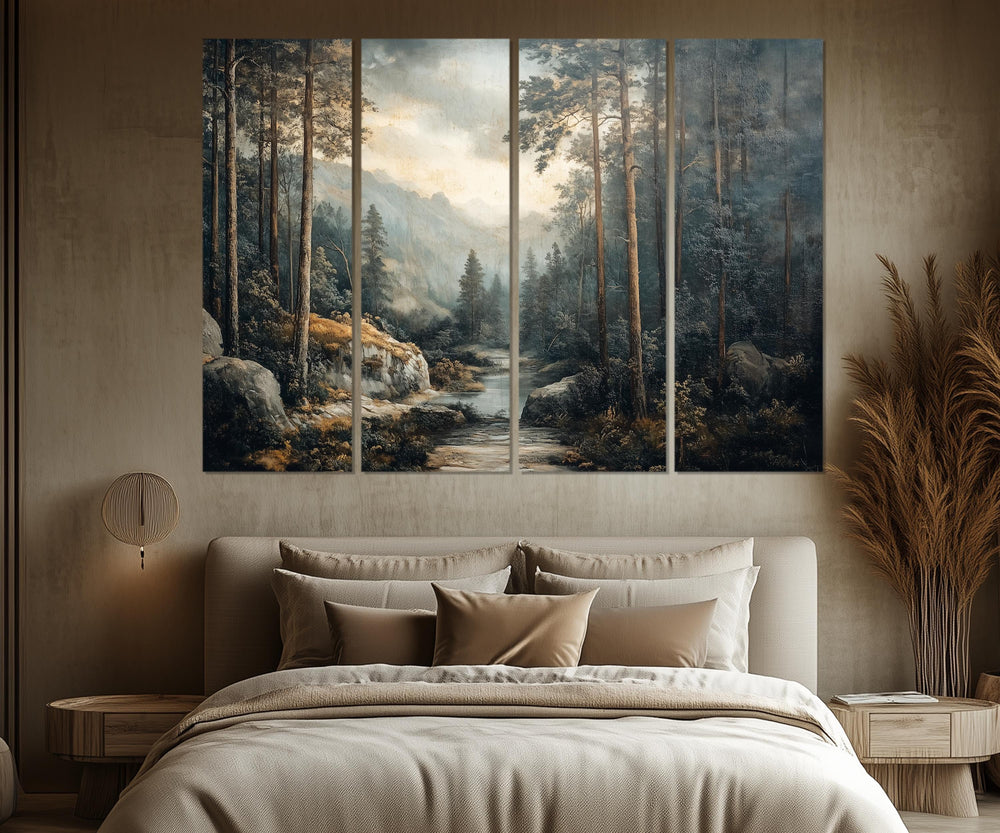 5 Piece Antique Forest River Landscape Multi-Panel Wall Art above bed