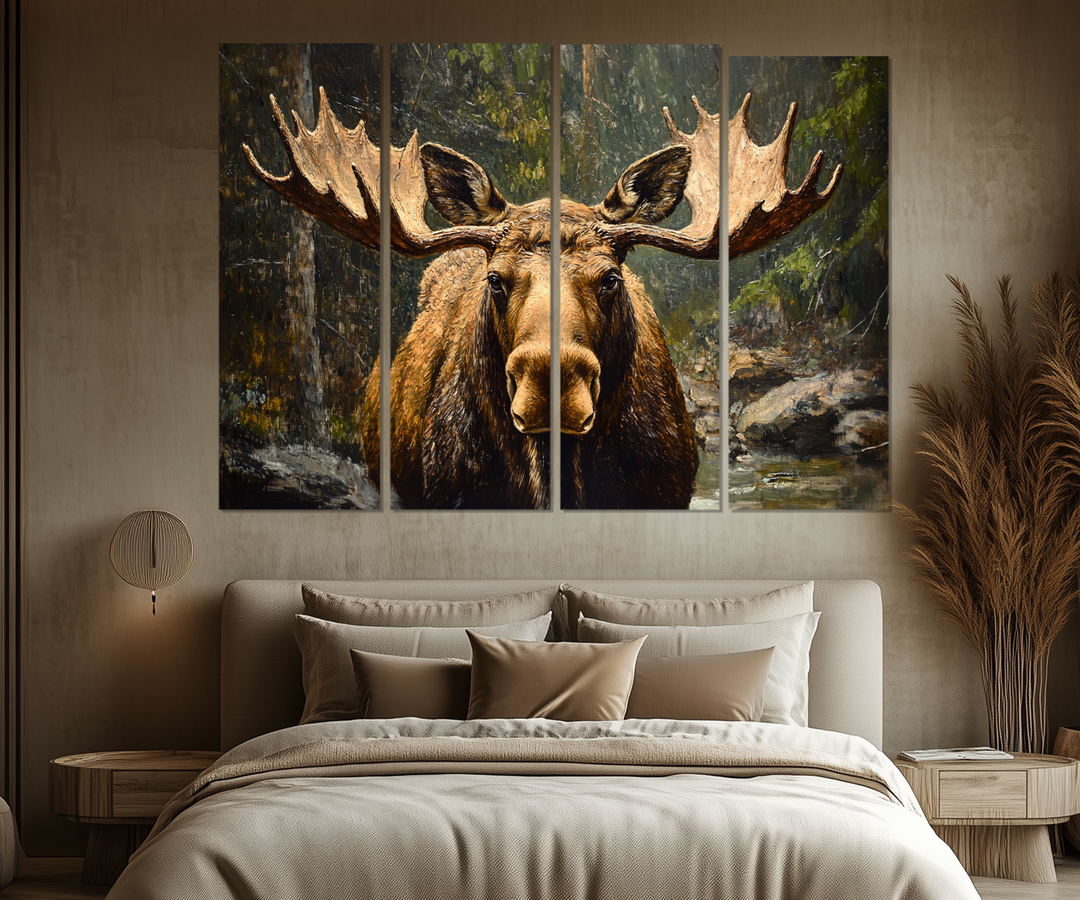 5 Piece Antique Moose In The Forest Multi-Panel Wall Art For Cabin Decor