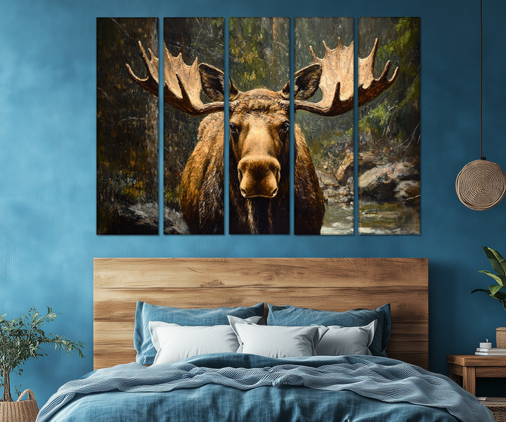 5 Piece Antique Moose In The Forest Multi-Panel Wall Art For Cabin Decor