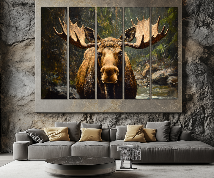 5 Piece Antique Moose In The Forest Multi-Panel Wall Art For Cabin Decor