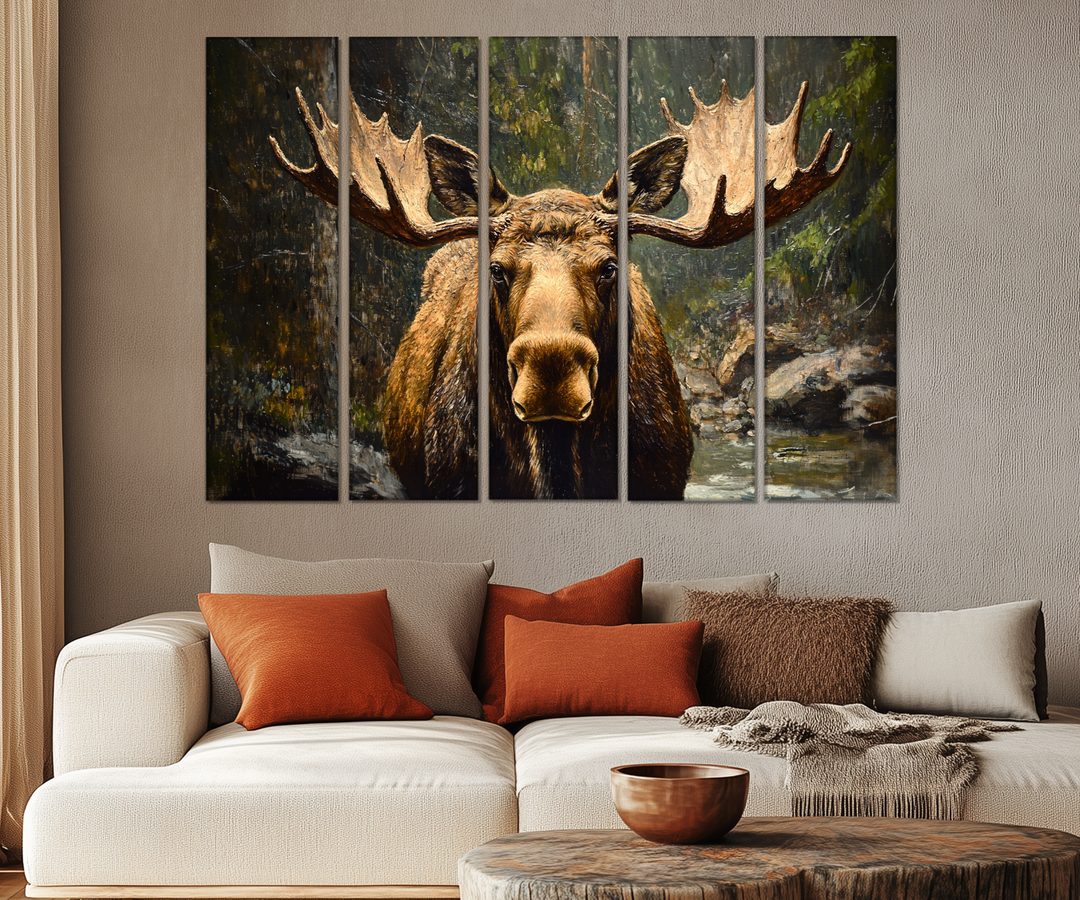 5 Piece Antique Moose In The Forest Multi-Panel Wall Art For Cabin Decor