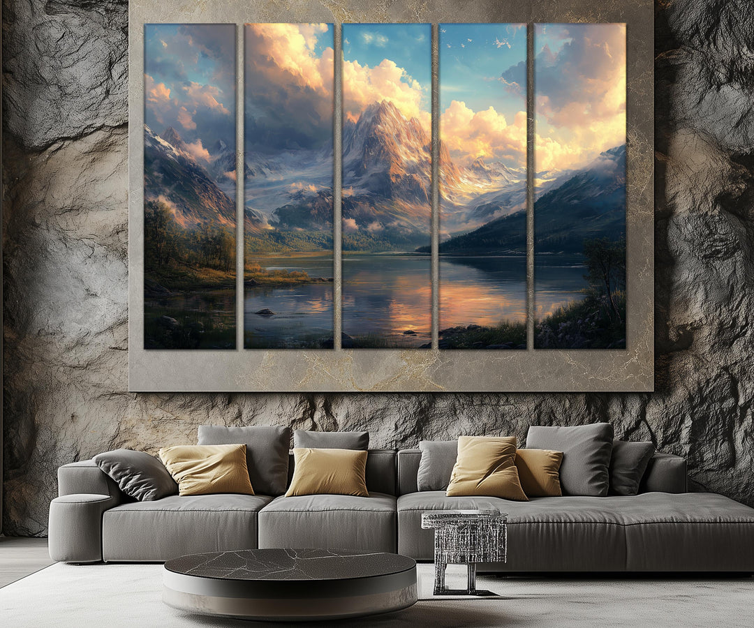 5 Piece Antique Mountain Lake Landscape Multi-Panel Wall Art