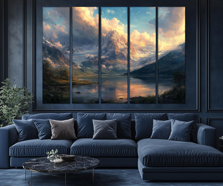 5 Piece Antique Mountain Lake Landscape Multi-Panel Wall Art