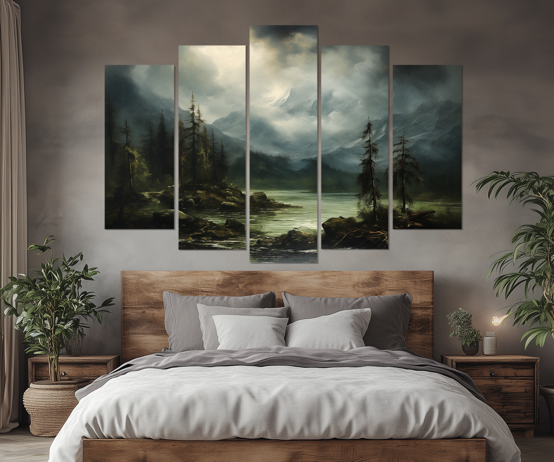 5 Piece Moody Antique Mountain River Emerald Green Landscape Multi-Panel Wall Art in a bedroom with a bed